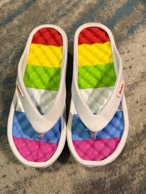 bebe Beach Wedge Flip Flops with Rainbow Stripe Footbed